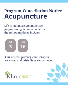 acupuncture cancellation notice for june 3 and 16