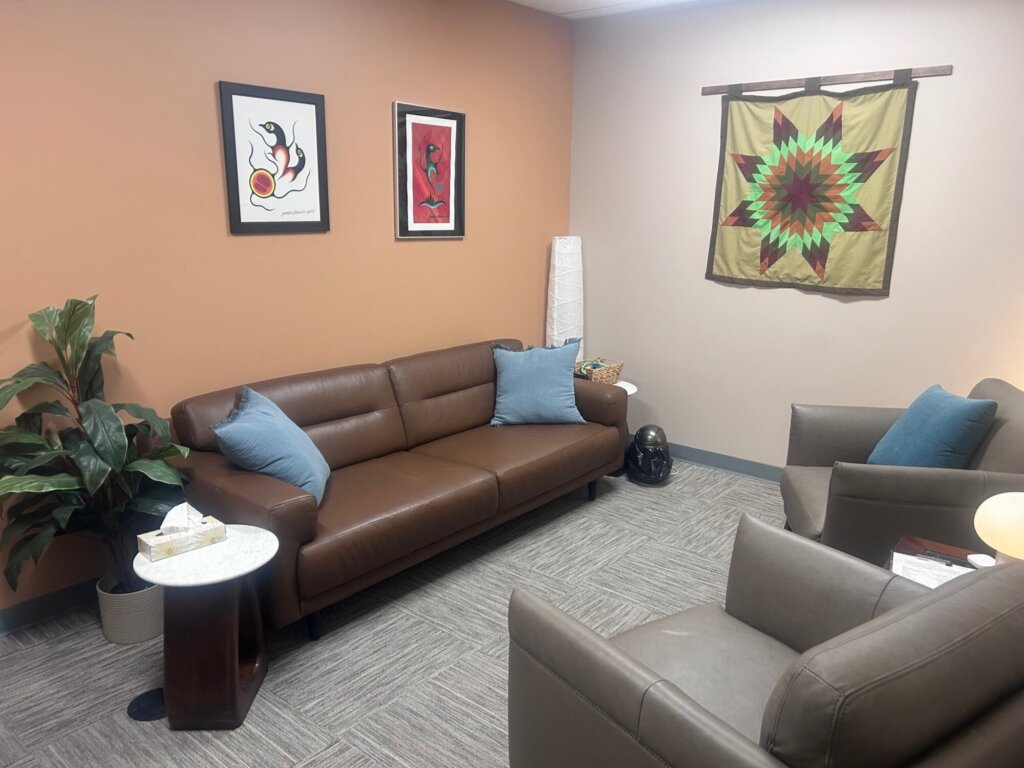 A hummingbird client room with couches and pillows