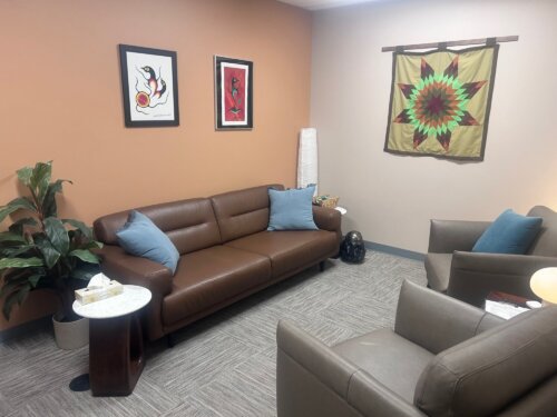 A hummingbird client room with couches and pillows