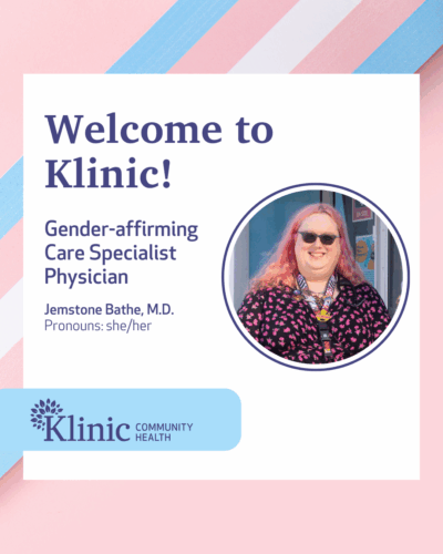 Photo of Jemstone with the Klinic logo and pink and white.